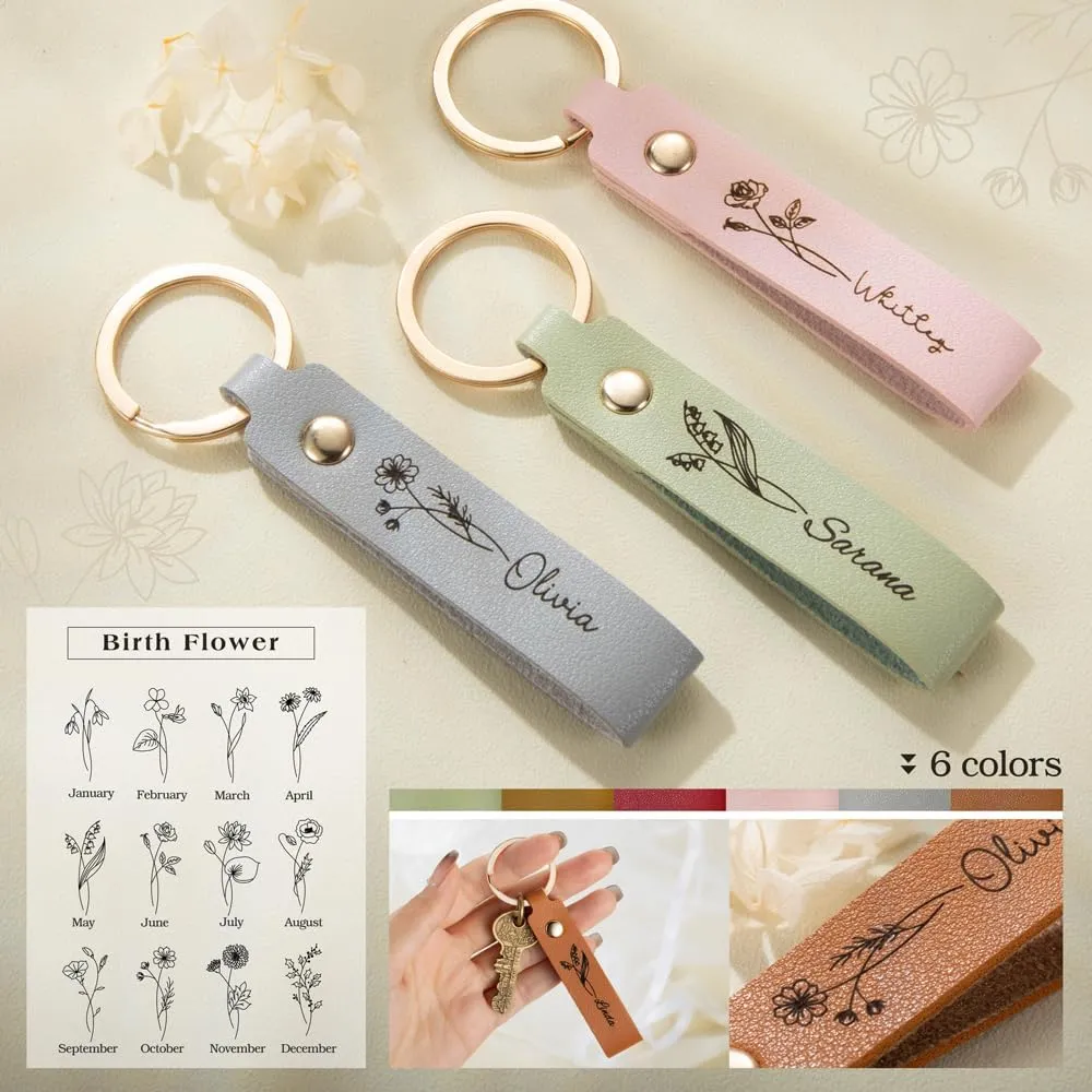 Personalized Birth Flower Key Chains for Women, Custom Name Keychain, Gift for Her Bridesmaid Mom