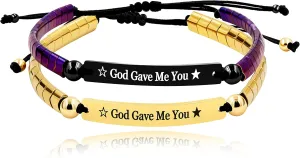 Personalized Handmade Braided Rope ID Plate Couples Bracelets for Women Men Dad Stainless Steel Engraving Name Plate Friendship with Black Natural Hematite Stone Y1456 (YellowGod-PurpleGod)