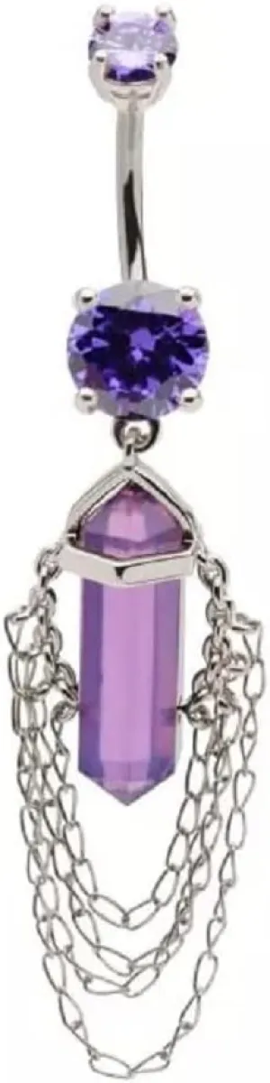 Pierced Owl 14GA 316L Stainless Steel Amethyst Crystal with 4 Tiered Dangling Chains Belly Button Ring