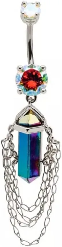 Pierced Owl 14GA 316L Stainless Steel Aurora Borealis Crystal with 4 Tiered Dangling Chains Belly Button Ring