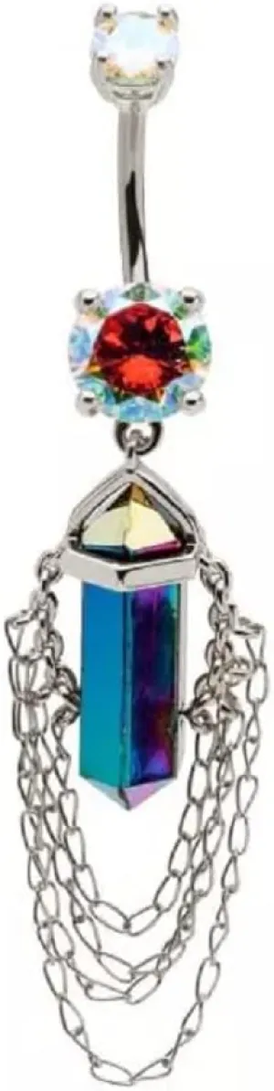Pierced Owl 14GA 316L Stainless Steel Aurora Borealis Crystal with 4 Tiered Dangling Chains Belly Button Ring
