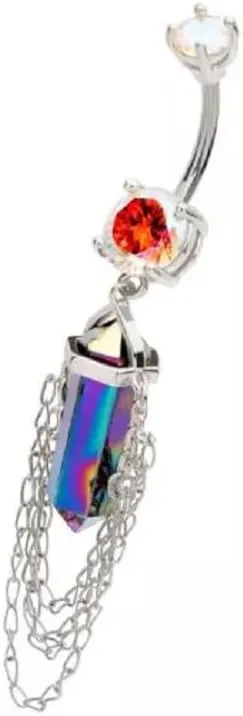 Pierced Owl 14GA 316L Stainless Steel Aurora Borealis Crystal with 4 Tiered Dangling Chains Belly Button Ring