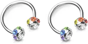 Pierced Owl - 14GA Colorful 7-Gem Paved Balls 316L Surgical Stainless Steel Horseshoe Circular Nipple Ring Barbells, Sold as a Pair