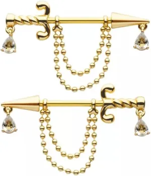 Pierced Owl 14GA Gold PVD 316L Stainless Steel Dagger with Dangling Chains Nipple Barbells, Sold as a Pair