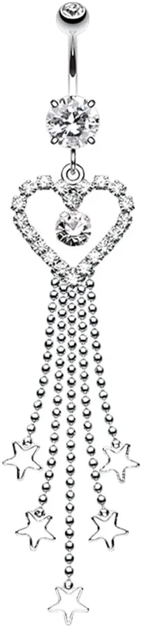 Pierced Owl 14GA Stainless Steel CZ Crystal Heart Outline with Dangling Star Chains Belly Button Ring