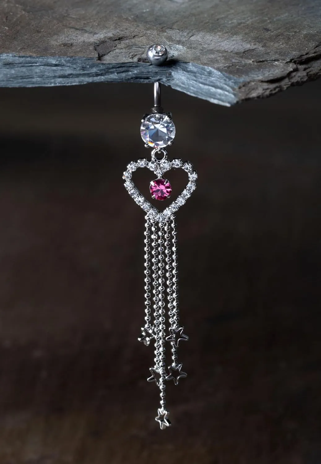 Pierced Owl 14GA Stainless Steel CZ Crystal Heart Outline with Dangling Star Chains Belly Button Ring