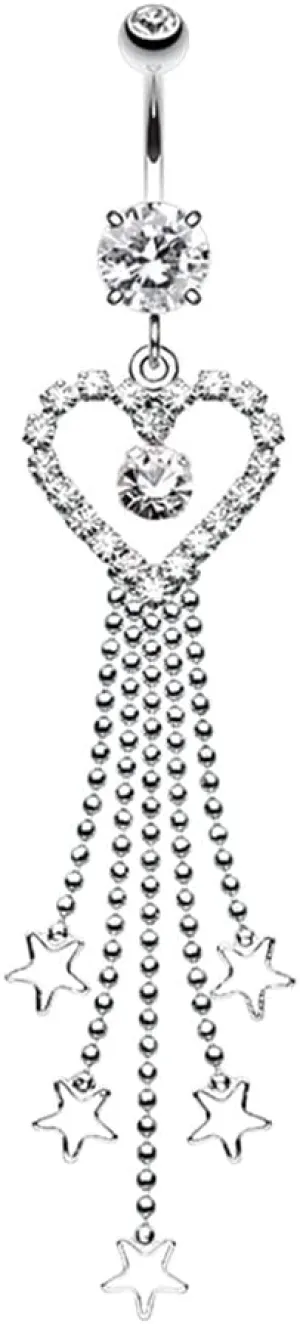 Pierced Owl 14GA Stainless Steel CZ Crystal Heart Outline with Dangling Star Chains Belly Button Ring