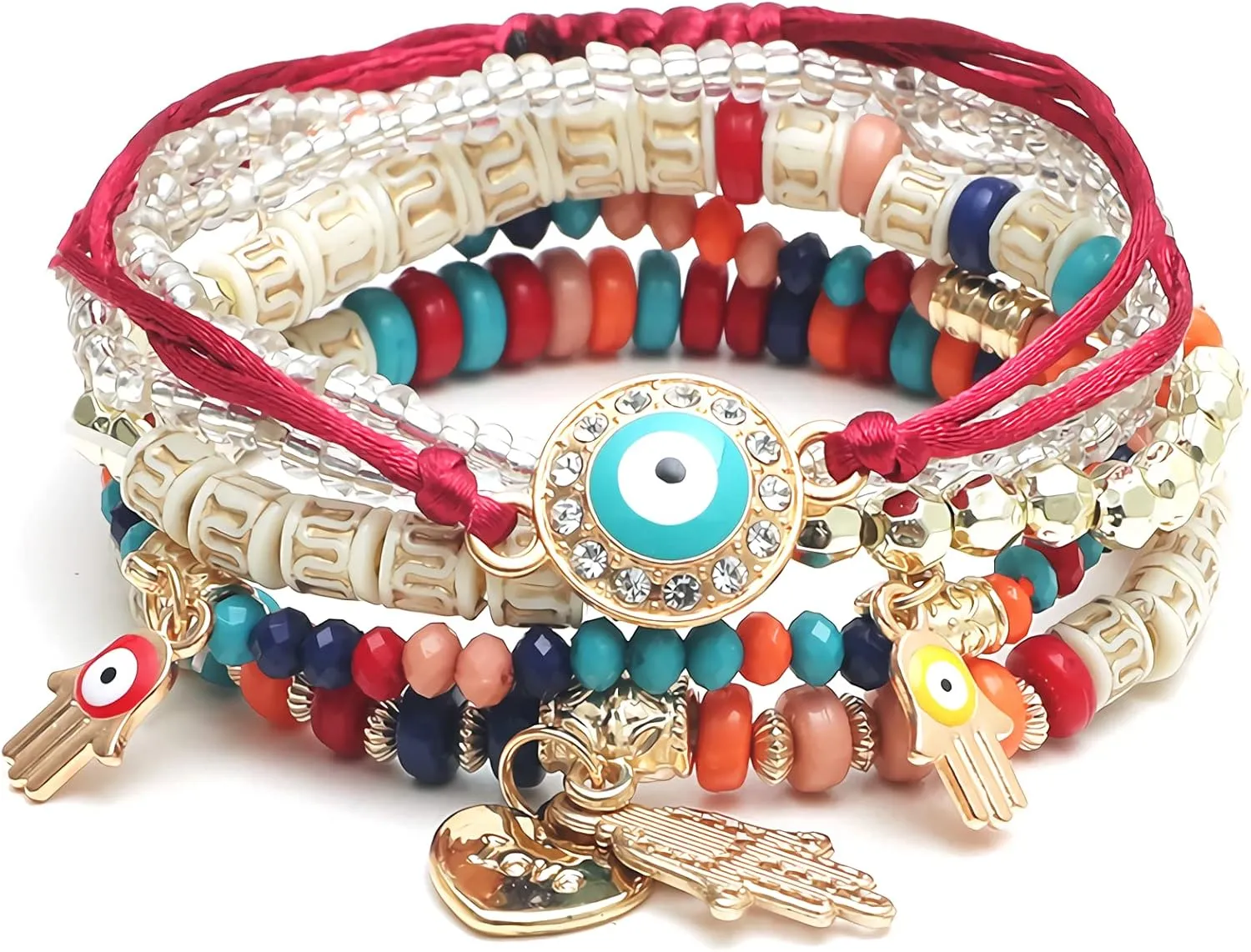 Pingyongchang Evil Eye Bracelets Pack Crystal Bohemian Bracelet Set of 4 Beaded Mexican Bracelets Pack Mixed Hamsa Protection Stretch Bracelets Jewelry for Women Teen Girls