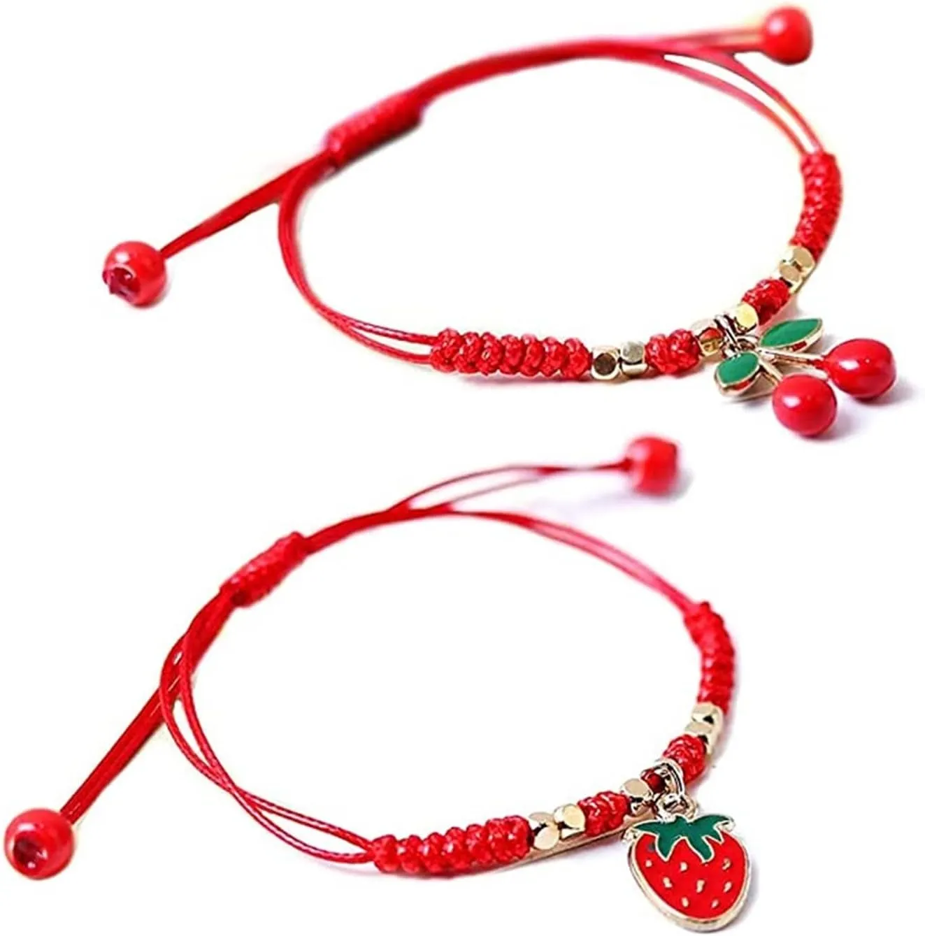 Pingyongchang H&Z 2Pcs Summer Fruit Strawberry Cherry Bracelet Handmade Weave Red Rope Adjustable Beaded Bracelet for Women Best Friends Friendship Jewelry Gifts