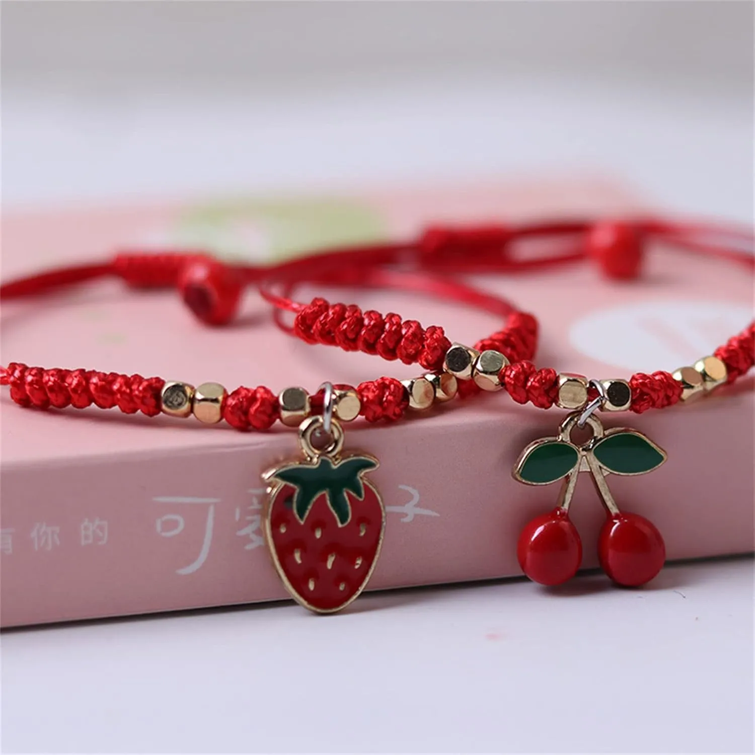 Pingyongchang H&Z 2Pcs Summer Fruit Strawberry Cherry Bracelet Handmade Weave Red Rope Adjustable Beaded Bracelet for Women Best Friends Friendship Jewelry Gifts