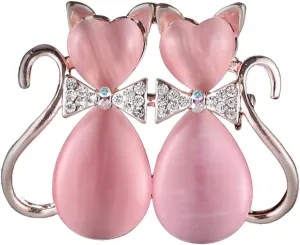 Pink Heart Cat Animal Rhinestone Brooch Pin for Women Girls Gold Plated Fashion Crystal Love Hearted Cat's Eye Couple Kitten Brooches Lapel Pins Cute Dress Accessories Birthday Holiday Jewelry Gift