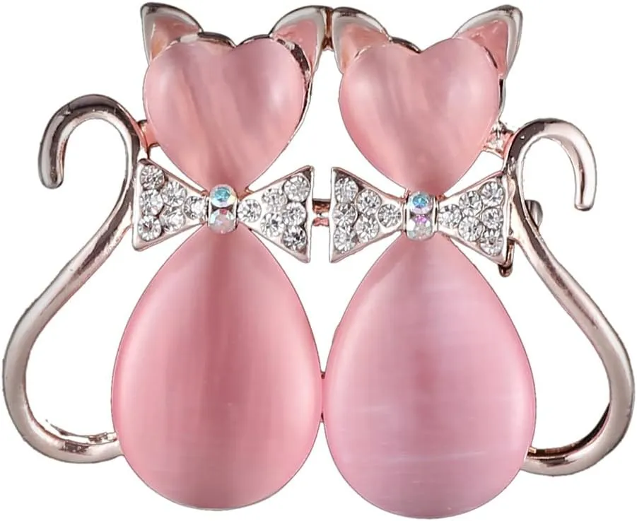 Pink Heart Cat Animal Rhinestone Brooch Pin for Women Girls Gold Plated Fashion Crystal Love Hearted Cat's Eye Couple Kitten Brooches Lapel Pins Cute Dress Accessories Birthday Holiday Jewelry Gift