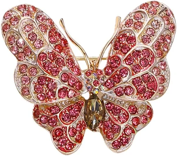 Pink Rhinestone Butterfly Brooch Pin for Women Girls Gold Plated Fashion Crystal Animal Insect Brooches Lapel Pins Dainty Hat Bag Suit Dress Accessories Birthday Holiday Wedding Jewelry Gift Mom Sister Friend