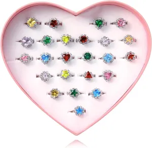 PinkSheep Jewel Rings for Kids 24pc Adjustable No duplication Girl Pretend Play and Dress Up Rings