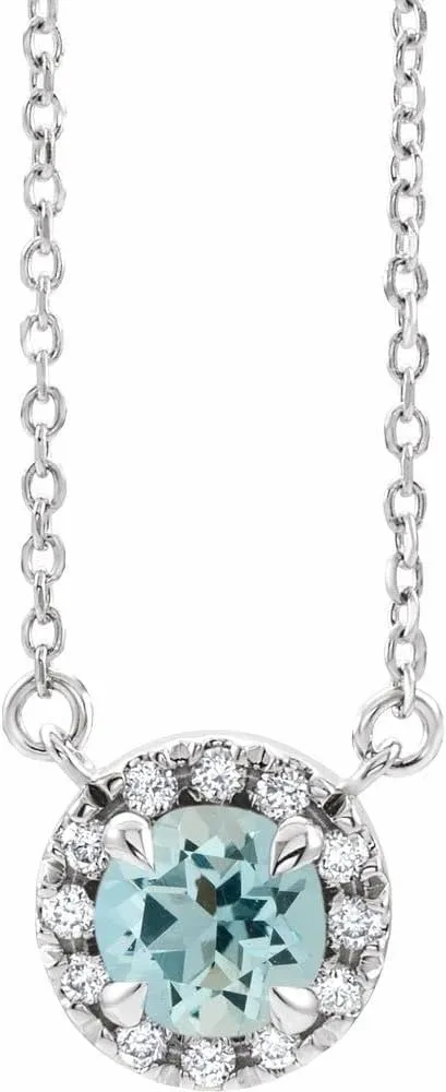 Platinum 5mm Round Shape Aquamarine and 1/8 cttw Diamond Halo-Style Necklace Fine Jewelry for Women Gifts for Her (8.4mm, G-H, SI2-SI3), 16"