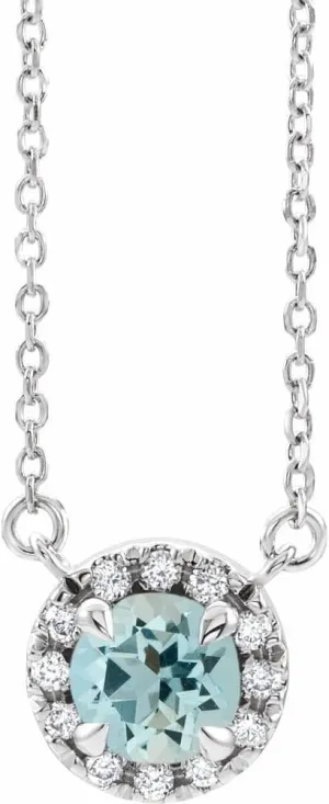 Platinum 5mm Round Shape Aquamarine and 1/8 cttw Diamond Halo-Style Necklace Fine Jewelry for Women Gifts for Her (8.4mm, G-H, SI2-SI3), 16"