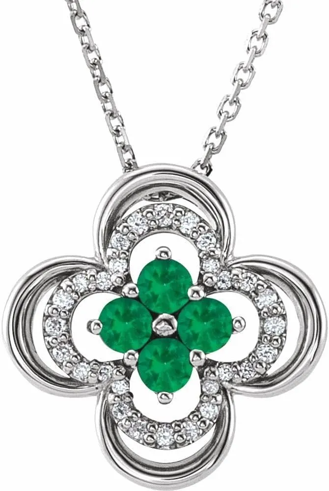 Platinum Round Shape Emerald and 1/10 cttw Diamond Clover Necklace Fine Jewelry for Women Gifts for Her (12.5x12.5mm, G-H, SI2-SI3), 18"