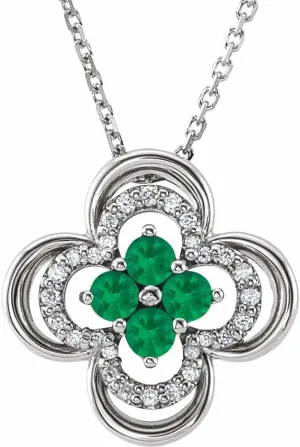 Platinum Round Shape Emerald and 1/10 cttw Diamond Clover Necklace Fine Jewelry for Women Gifts for Her (12.5x12.5mm, G-H, SI2-SI3), 18"