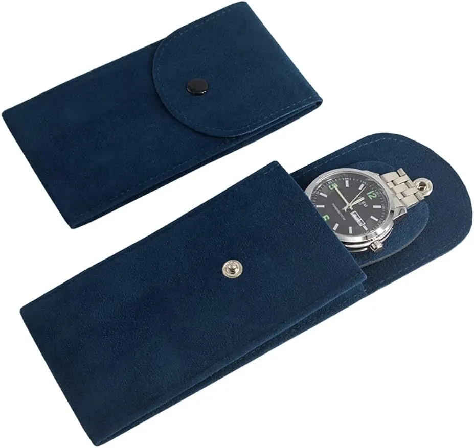 Portable Velvet Watch Snap Pouch Travel Watch Case Single Watch Holder Pouch Wristwatches Bracelets Storage Bag for Men Women Blue