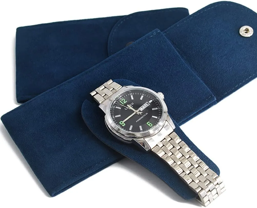 Portable Velvet Watch Snap Pouch Travel Watch Case Single Watch Holder Pouch Wristwatches Bracelets Storage Bag for Men Women Blue