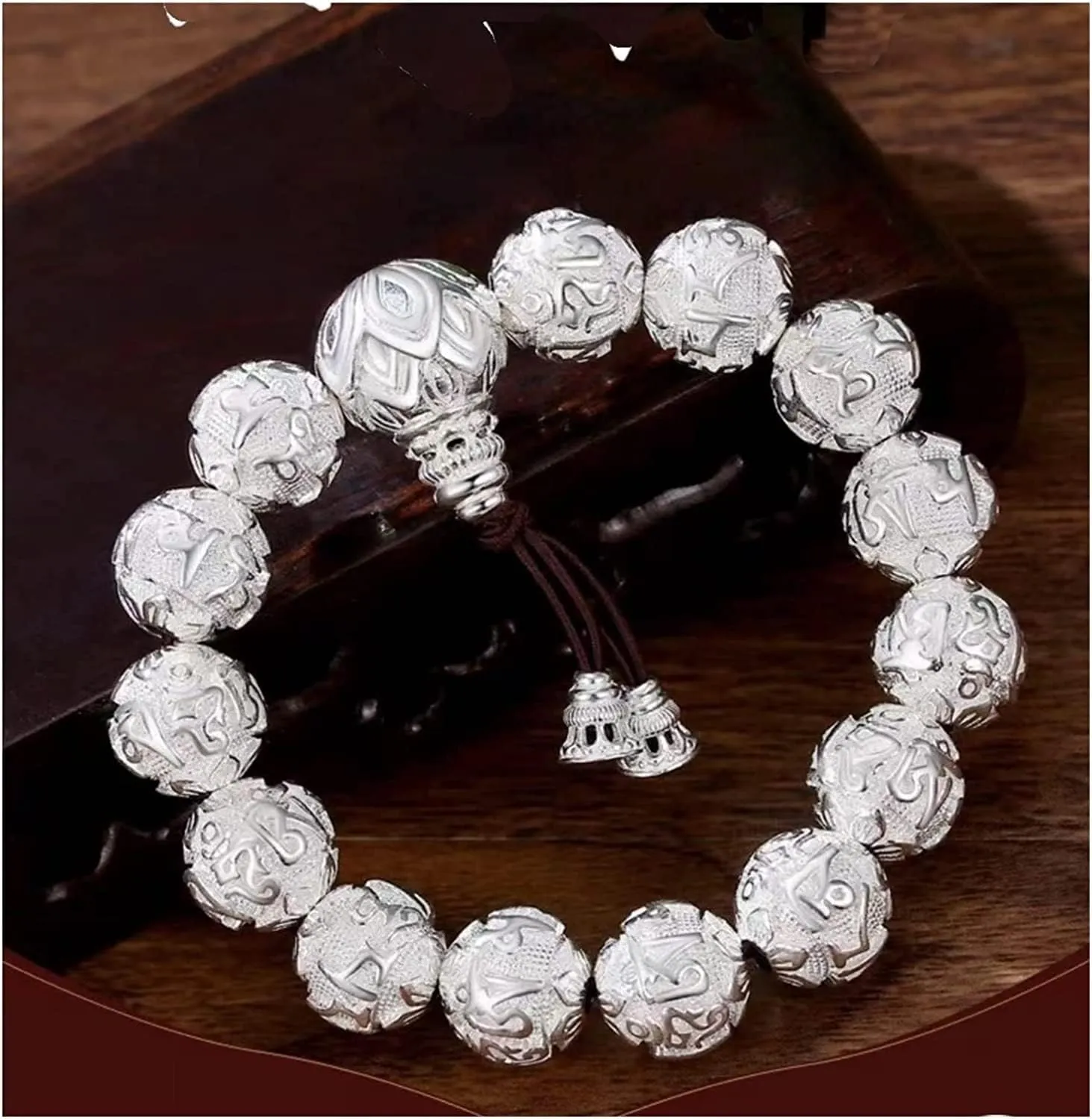 Prayer Beads,Beads Necklace,Bracelet, jewelry Brass Bracelet Men Six Words Metal Amulet Beads Bracelet Bracelets (Color : 14mmSilver) (Color : 14mmsilver) (Color : 14mmsilver)