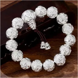 Prayer Beads,Beads Necklace,Bracelet, jewelry Brass Bracelet Men Six Words Metal Amulet Beads Bracelet Bracelets (Color : 14mmSilver) (Color : 14mmsilver) (Color : 14mmsilver)
