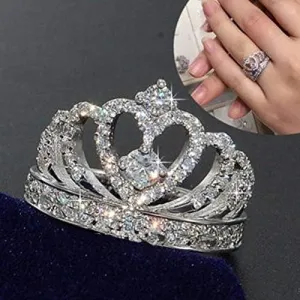 Princess Queen Crown with Cubic Zirconia Rings Eternity Heart-Shaped Promise Ring Zircon Jewelry for Women