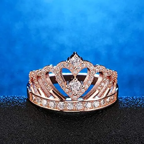 Princess Queen Crown with Cubic Zirconia Rings Eternity Heart-Shaped Promise Ring Zircon Jewelry for Women