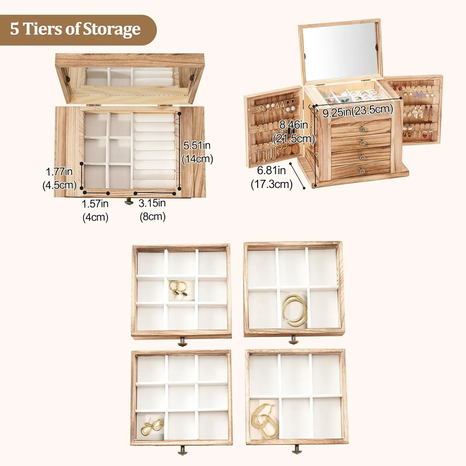 ProCase Large Jewelry Box, 5-Layer Wooden Jewelry Boxes for Women, Jewellery Holder Organizer Storage Case with Mirror for Earrings Bracelet Necklace for Dresser -Natural