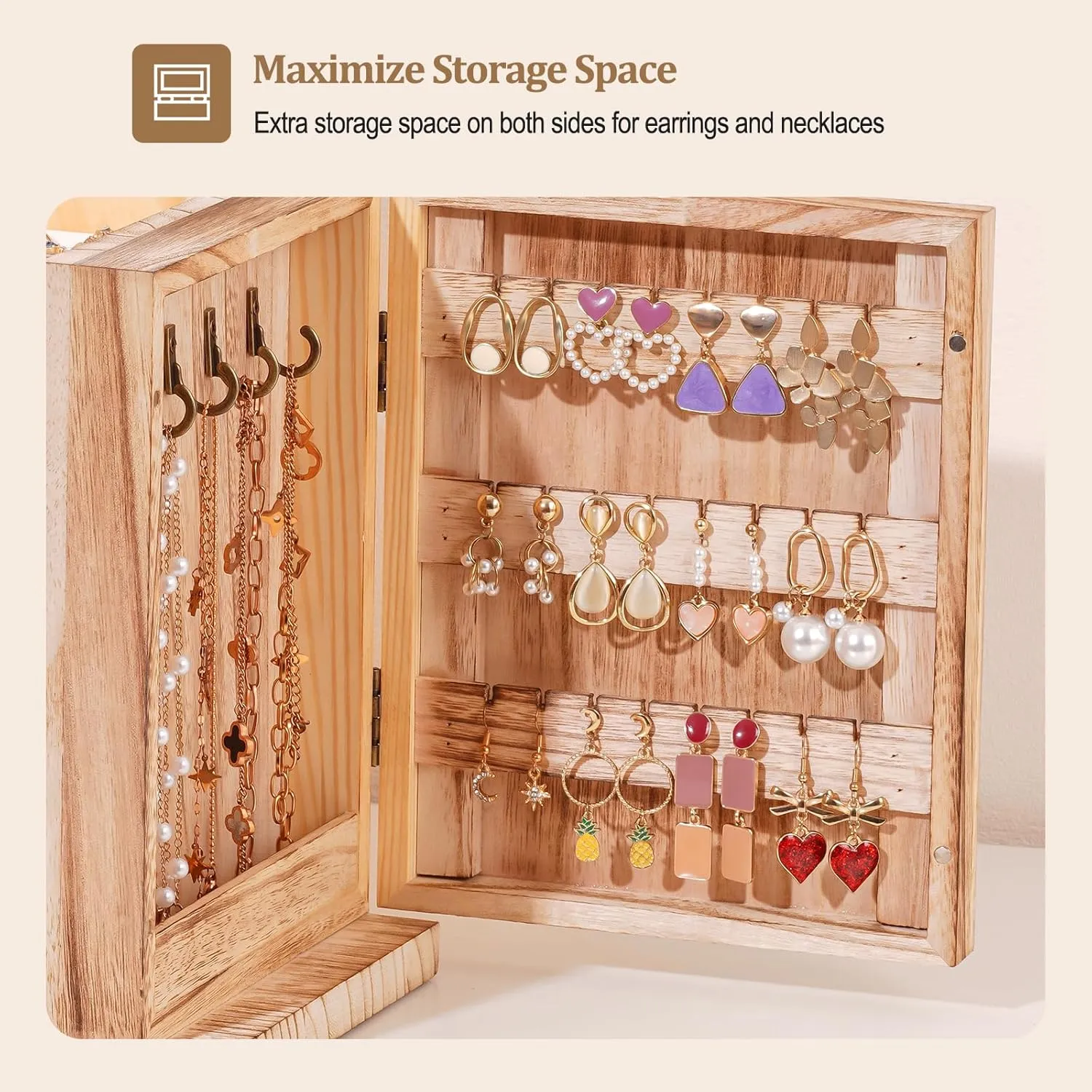 ProCase Large Jewelry Box, 5-Layer Wooden Jewelry Boxes for Women, Jewellery Holder Organizer Storage Case with Mirror for Earrings Bracelet Necklace for Dresser -Natural