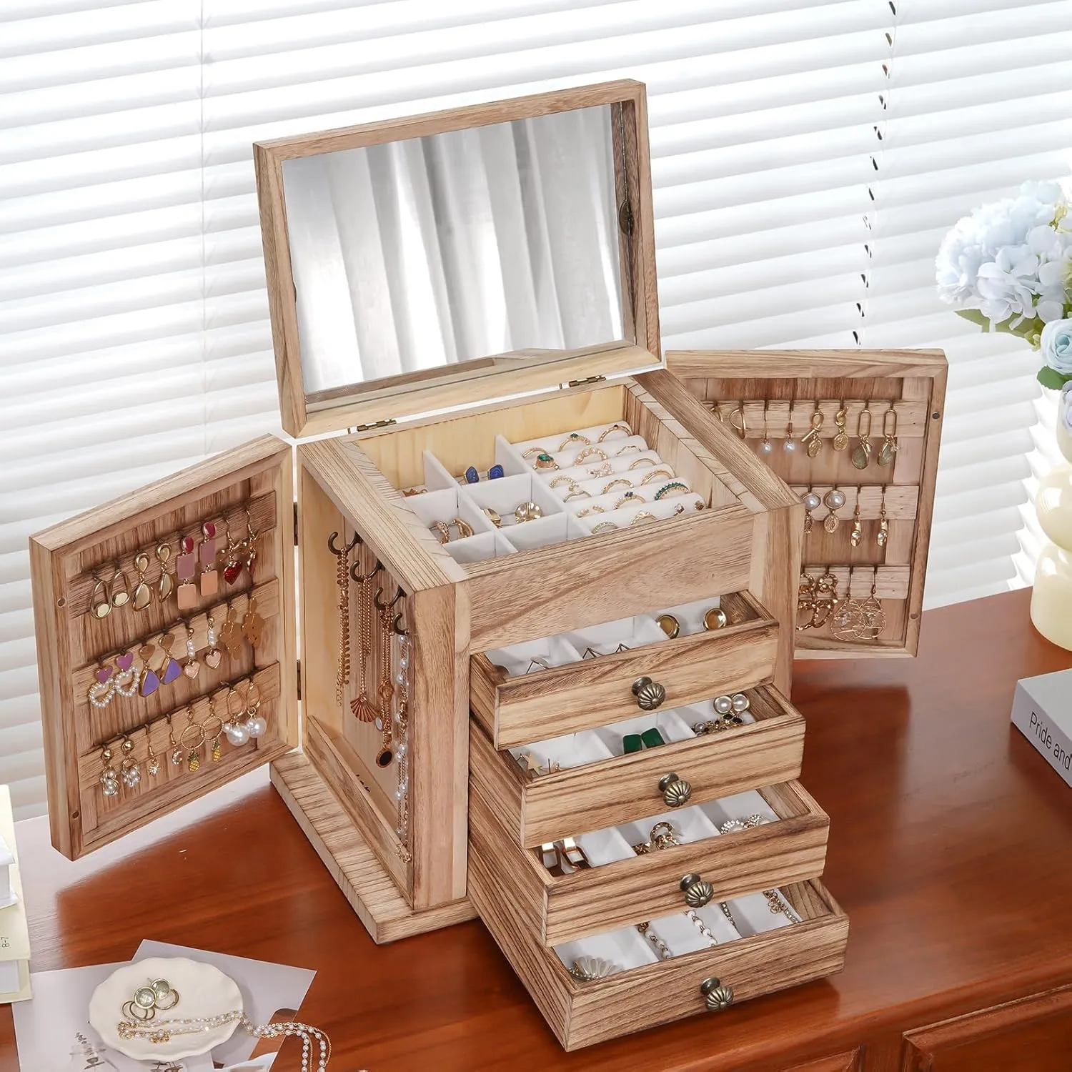 ProCase Large Jewelry Box, 5-Layer Wooden Jewelry Boxes for Women, Jewellery Holder Organizer Storage Case with Mirror for Earrings Bracelet Necklace for Dresser -Natural
