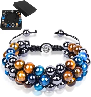 Protection Bracelet, Tigers Eye Black Obsidian and Hematite Beads Bracelet for Men Women, Crystal Jewelry Healing Bracelets (Triple Yellow Blue Tiger Eye)