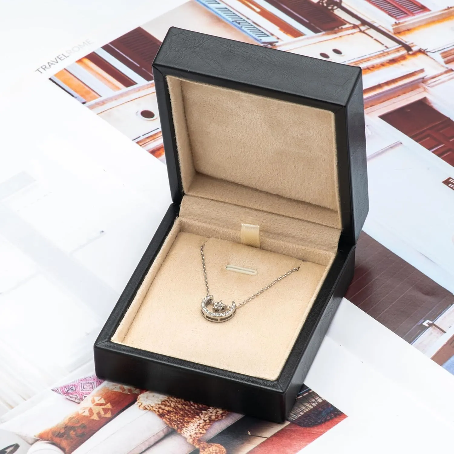 PU Leather Necklace Pendant Box for Wedding,Jewelry Gift Storage Display Case (Black and Beige)