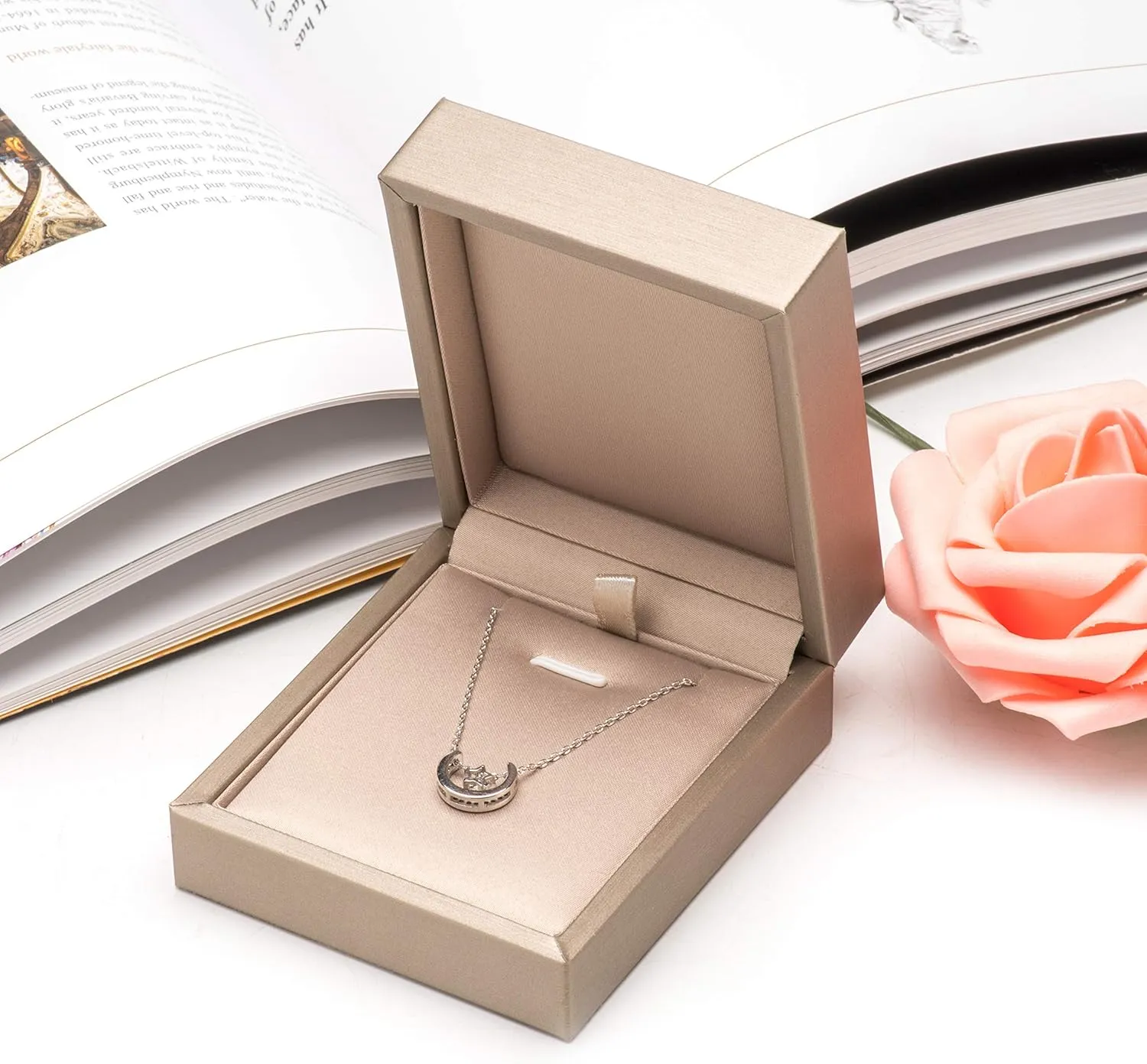 PU Leather Necklace Pendant Box for Wedding,Jewelry Gift Storage Display Case (Gold)