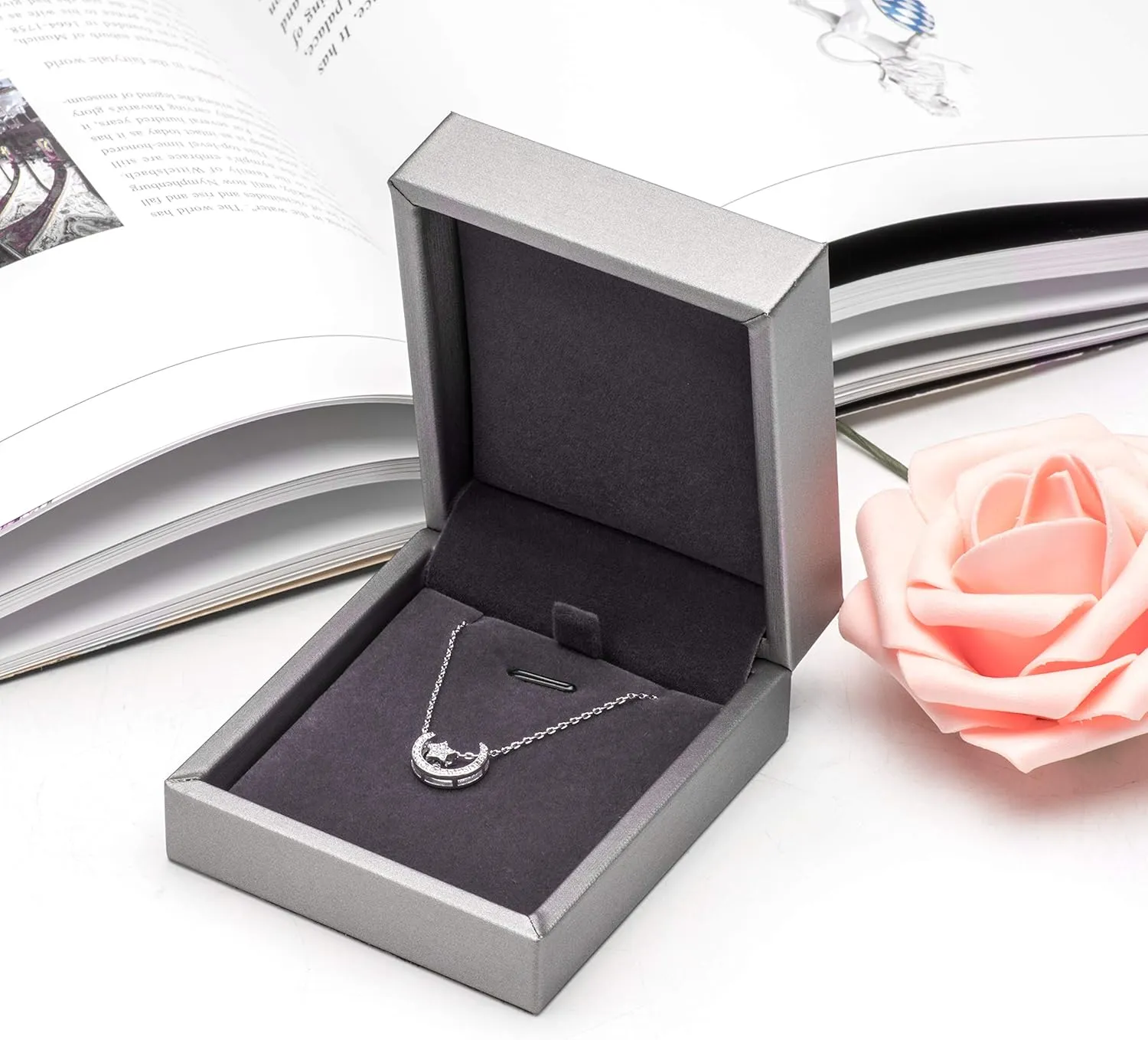PU Leather Necklace Pendant Box for Wedding,Jewelry Gift Storage Display Case (Grey)