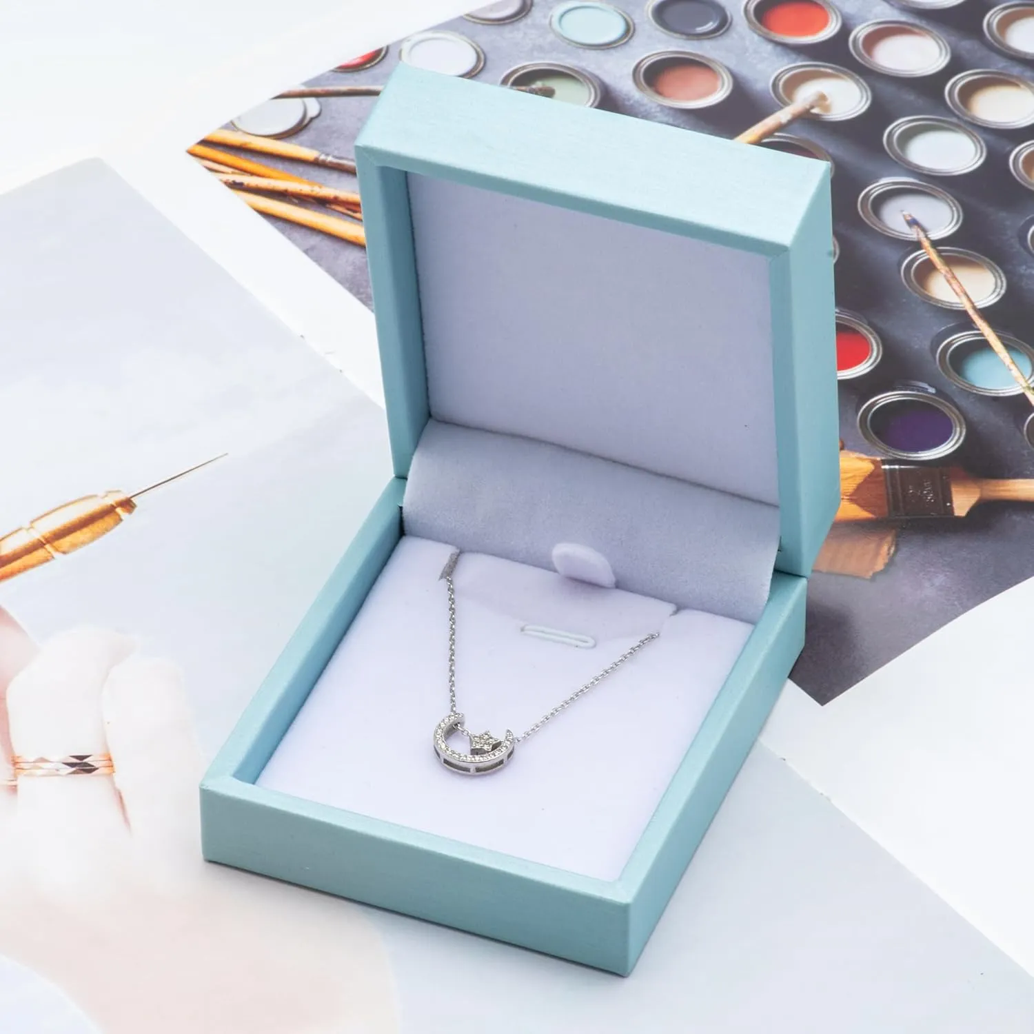 PU Leather Necklace Pendant Box for Wedding,Jewelry Gift Storage Display Case (Light Blue)