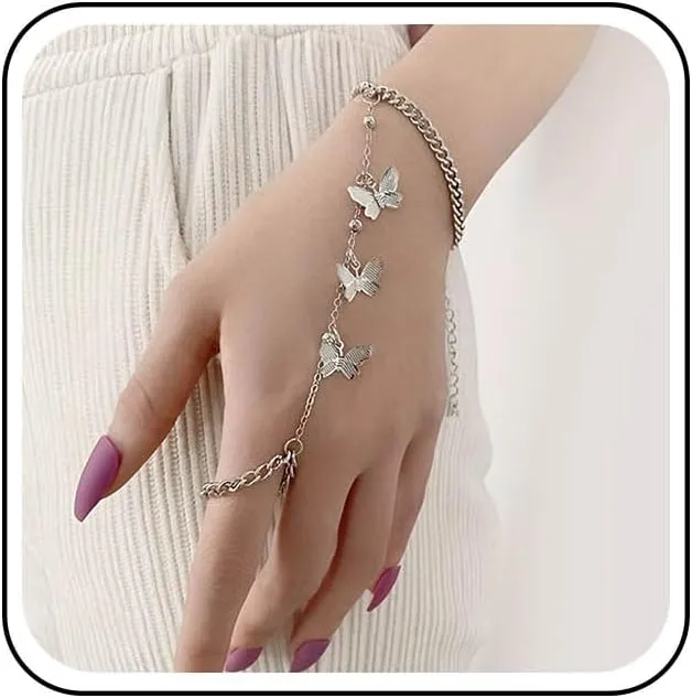 Punk Butterfly Finger Bracelet Butterfly Slave Chain Bracelet Gold Ring Chain Bracelet Vintage Curb Chain Bracelet Hand Chain Jewelry for Women