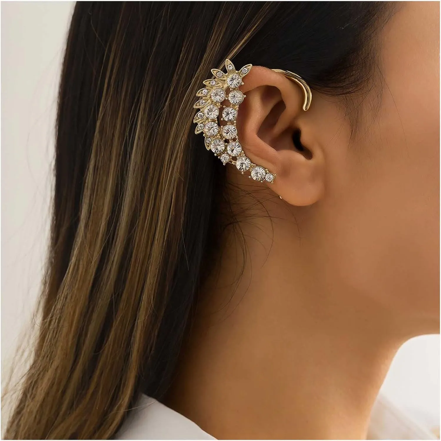 Punk Crystal & Vintage Angel Wing Cartilage Climber Cuff Earrings - Gold Cz Rhinestone Wrap Around Clip On teljesen