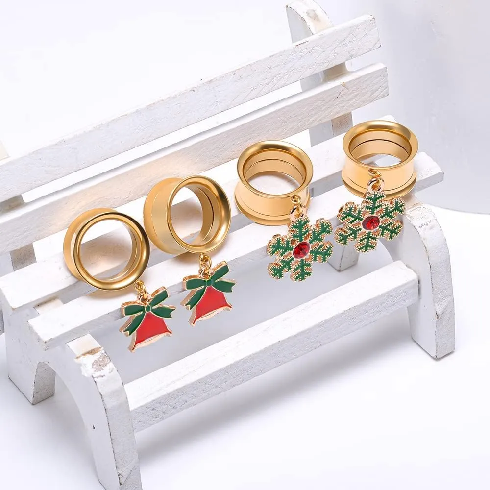 PUNKYOUTH 2Pcs Christmas Style Gold Dangle Gauges Double Flared Plugs Tunnels Stainless Steel Screw Back Earrings for Stretching Ears Bells Snowflake Gauge 2g to 1 "