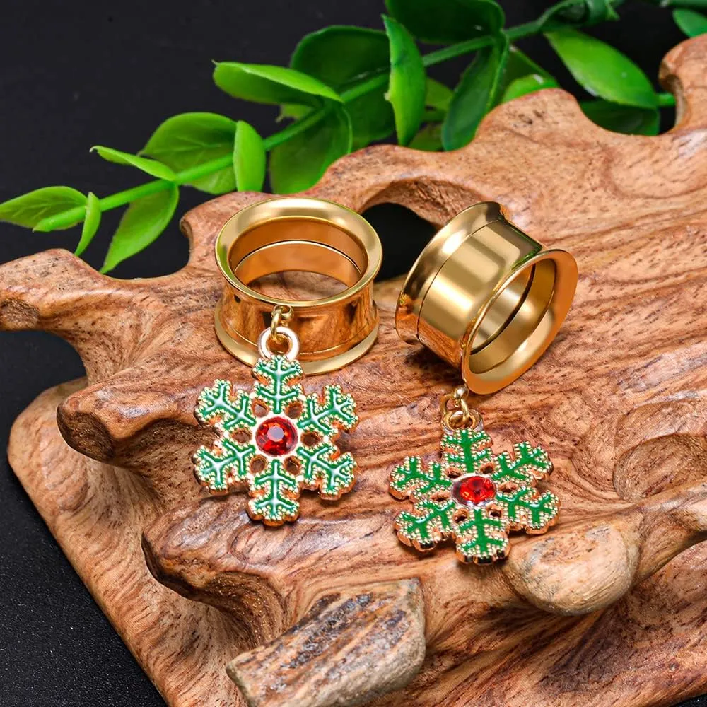 PUNKYOUTH 2Pcs Christmas Style Gold Dangle Gauges Double Flared Plugs Tunnels Stainless Steel Screw Back Earrings for Stretching Ears Bells Snowflake Gauge 2g to 1 "