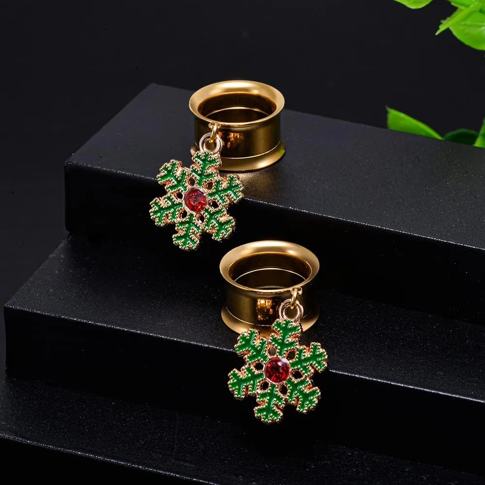 PUNKYOUTH 2Pcs Christmas Style Gold Dangle Gauges Double Flared Plugs Tunnels Stainless Steel Screw Back Earrings for Stretching Ears Bells Snowflake Gauge 2g to 1 "
