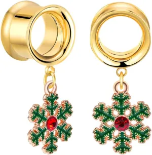 PUNKYOUTH 2Pcs Christmas Style Gold Dangle Gauges Double Flared Plugs Tunnels Stainless Steel Screw Back Earrings for Stretching Ears Bells Snowflake Gauge 2g to 1 "