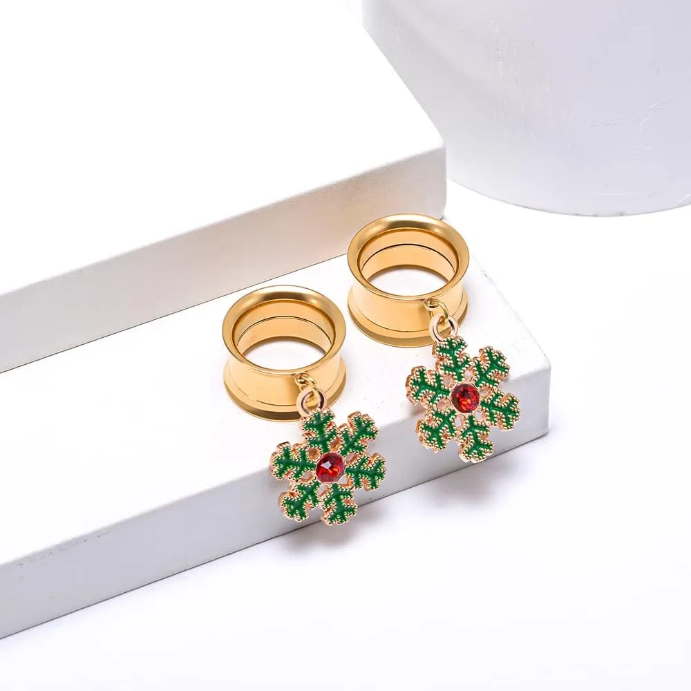 PUNKYOUTH 2Pcs Christmas Style Gold Dangle Gauges Double Flared Plugs Tunnels Stainless Steel Screw Back Earrings for Stretching Ears Bells Snowflake Gauge 2g to 1 "