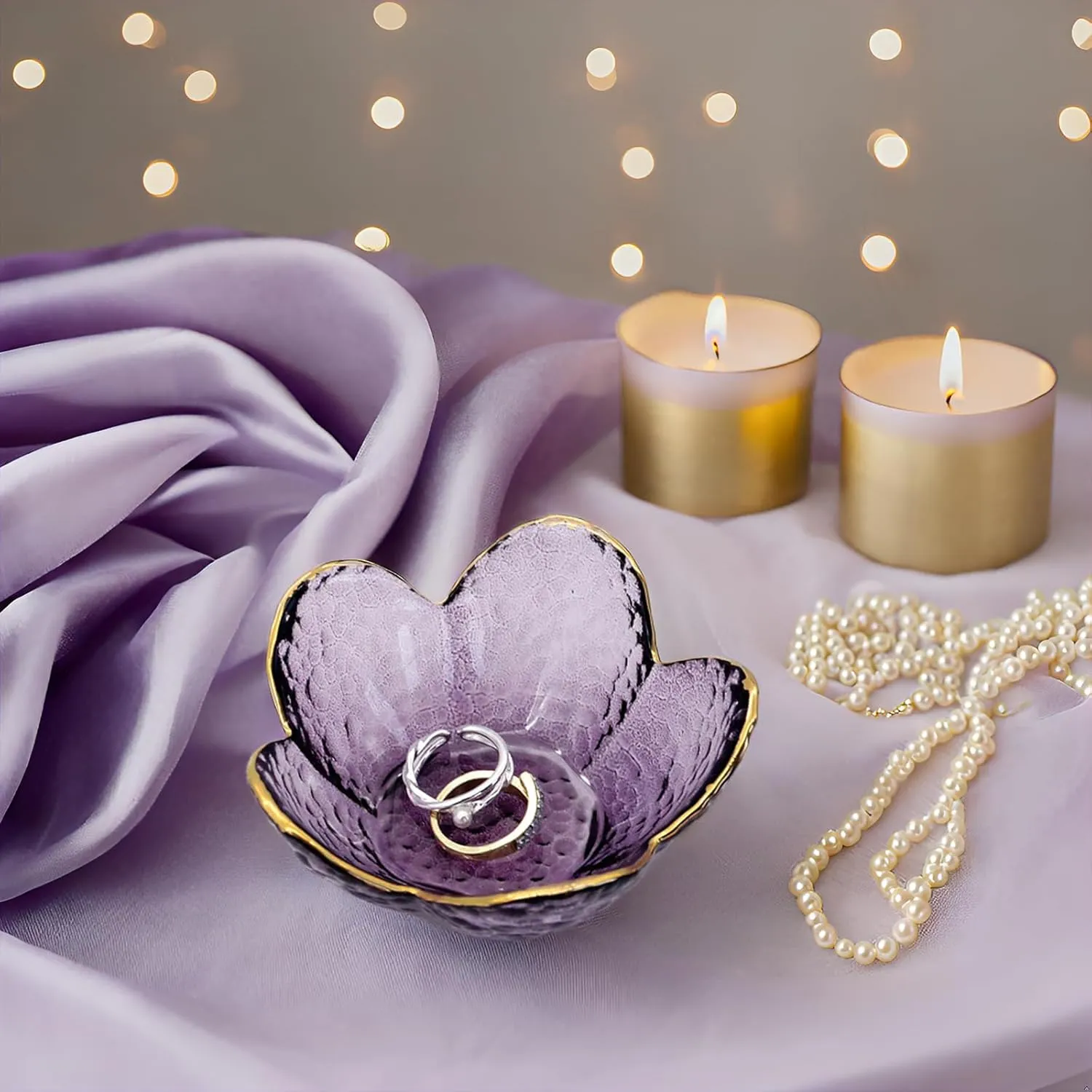 Purple Flower Ring Dish Jewelry Tray, Small Glass Trinket Tray for Rings Earrings, Present for Wife Mom Daughter Women