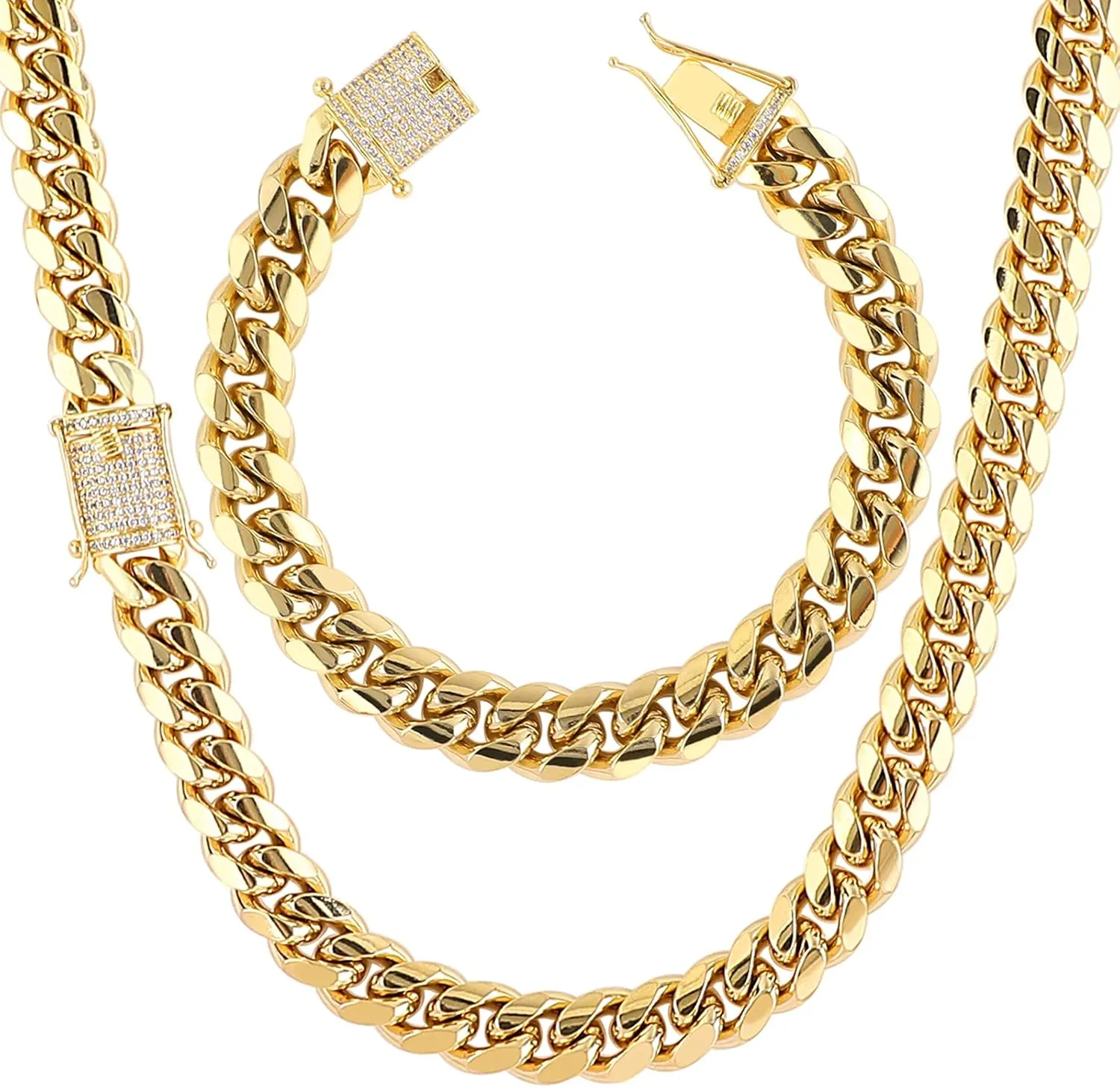 putouzip Miami Cuban Link Chain Set For Men 18K Gold Plated Stainless Steel 10/12mm Curb Bracelet Necklace Diamond Chains