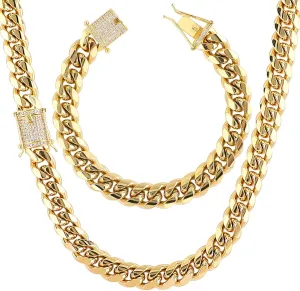 putouzip Miami Cuban Link Chain Set For Men 18K Gold Plated Stainless Steel 10/12mm Curb Bracelet Necklace Diamond Chains