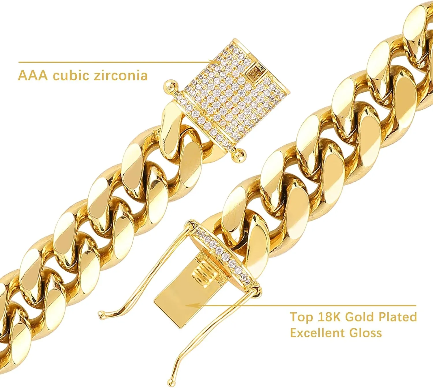 putouzip Miami Cuban Link Chain Set For Men 18K Gold Plated Stainless Steel 10/12mm Curb Bracelet Necklace Diamond Chains