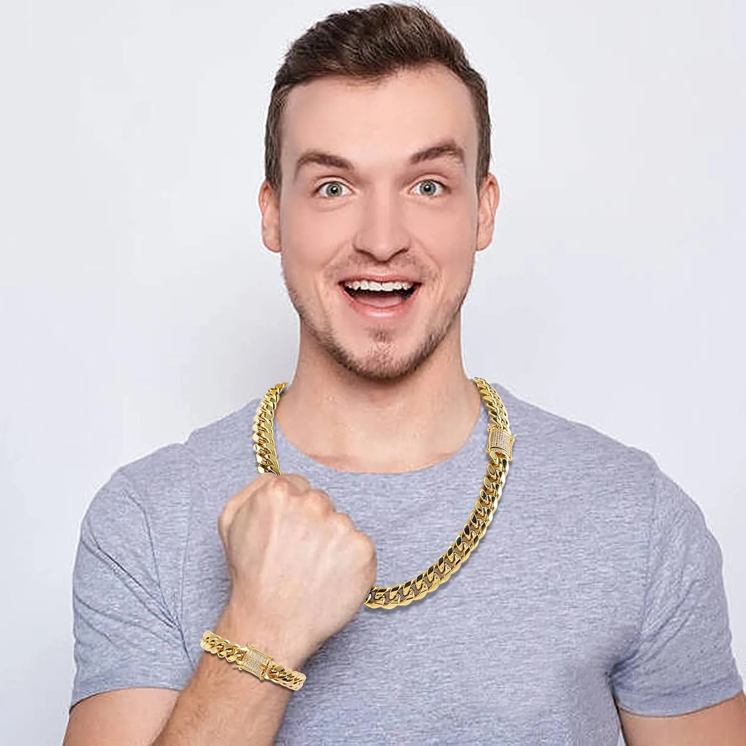 putouzip Miami Cuban Link Chain Set For Men 18K Gold Plated Stainless Steel 10/12mm Curb Bracelet Necklace Diamond Chains