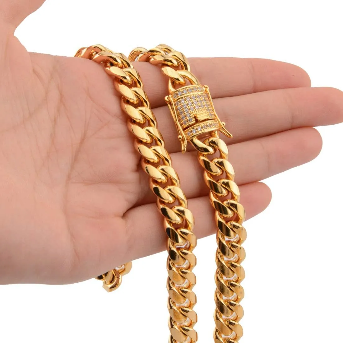putouzip Miami Cuban Link Chain Set For Men 18K Gold Plated Stainless Steel 10/12mm Curb Bracelet Necklace Diamond Chains