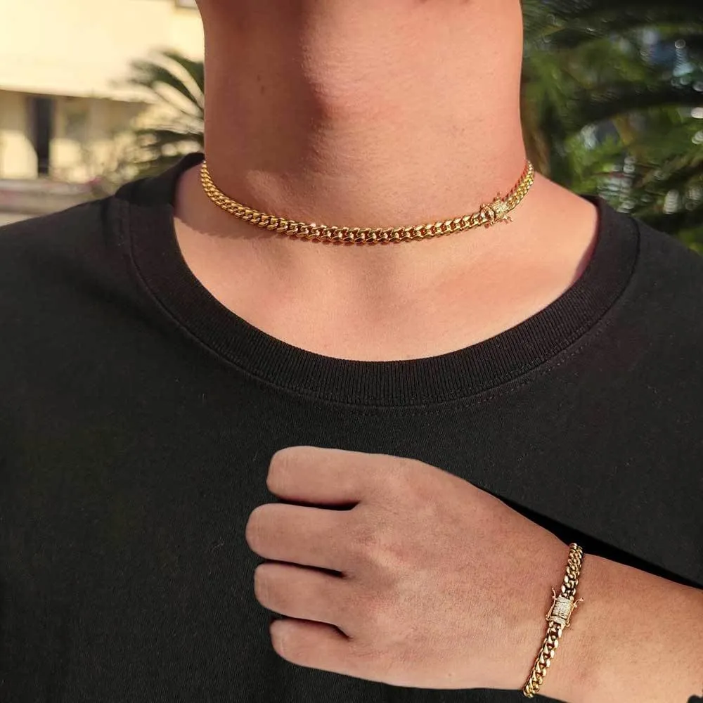 putouzip Miami Cuban Link Chain Set For Men 18K Gold Plated Stainless Steel 6mm Womens Bracelet Necklace Diamond Chains